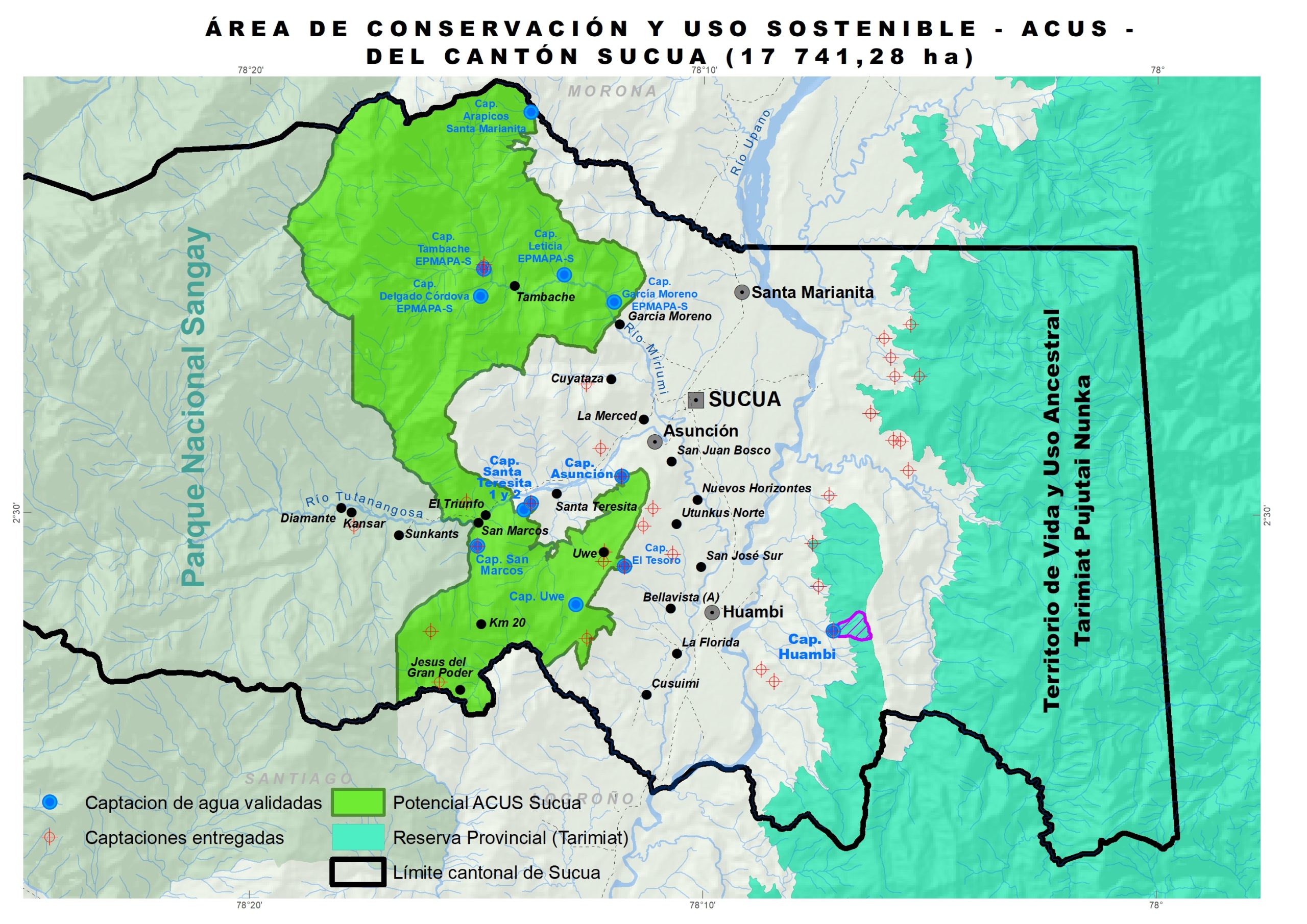 MAPA AREA ACUS SUCUA CON EL NOMBRE DE LAS CAPTACIONES HIDRICAS